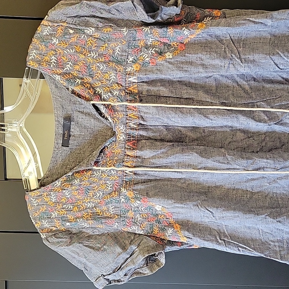 Chambray Top with Floral Accents - Picture 2 of 4